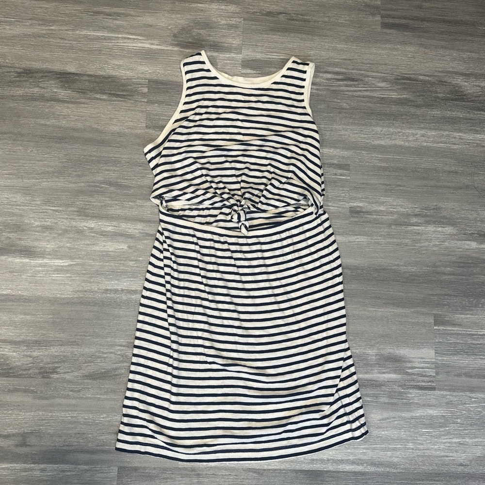 Aerie Striped Ribbed Sleeveless Navy Blue and White Dress with Open Front Tie S
